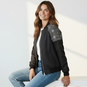 It Girl Black Bomber Jacket Lace Detail Size Medium